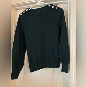 J Crew Dark Green Wool Sweater with Rhinestone buttons